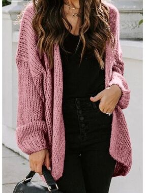 Cozy Open-Front Knit Cardigan Sweater - Dusty Pink